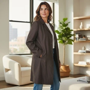 Y2K Silkland 100% Pure Silk Brown Trenchcoat Women's 8 Luxe Minimalist Vintage - Picture 1 of 13