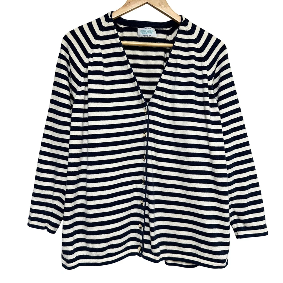 Vintage United Colors of Benetton Striped Cardigan Sweater Womens L Navy Preppy - Image 1 of 4