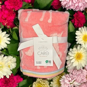 Caro Kids 2 Hand Towels Pink Coral Whimsical Unicorn Jacquard Weave Terry Cloth - Picture 1 of 9