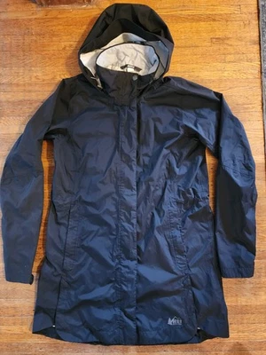 Chaqueta de lluvia REI Co-Op Rainier Long Line negra para mujer XL cremallera completa con capucha  Foto 1 de 4