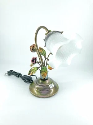 Lamp Lampshade Bedside Table Wrought Iron With Roses And Glass Satin Ribbon - Image 1 of 2