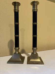 Brass Patina Black Mid Century Modern Candlestick Pair Tall Excellent Condition - Picture 1 of 7