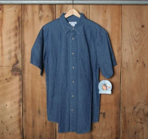 Vintage 90's CHEROKEE Dark Stone Wash Denim Short Sleeve Button-Up Shirt Sz. L - Picture 1 of 7