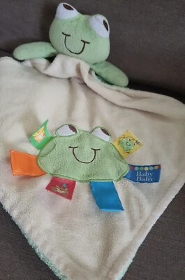 Mantas y más allá manta de seguridad rana verde y amarilla Lovey con etiquetas de cinta Foto 1 de 4
