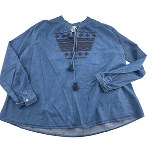 LOFT Lounge Blouse Long Sleeve Pullover size Medium Chambray embroidered Boho - Picture 1 of 5
