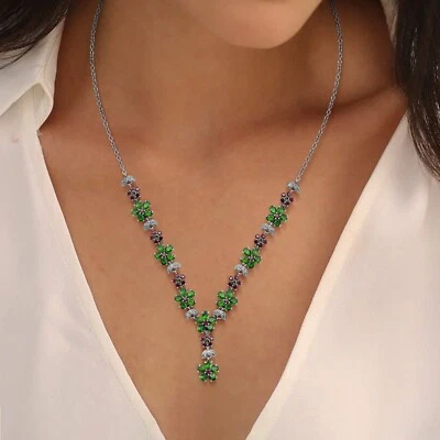 Natural Chrome Diopside Gemstone Necklace 925 Sterling Silver Garnet Jewelry 18" - Image 1 of 3