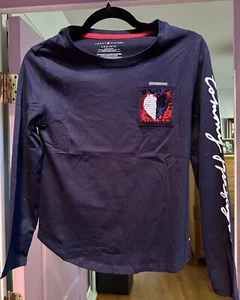 New! Tommy Hilfiger Long sleeve Top- Navy with sequence pocket L (12-14) - Picture 1 of 4