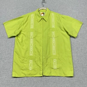 VTG Guayabera Shirt Mens L Green Zip Up Cuban Latino Pockets Embroidered Haband - Picture 1 of 8