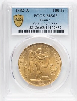 FRANCE REPUBLIC  1882-A  100 FRANCS GOLD COIN UNCIRCULATED, PCGS CERTIFIED MS-62 - Image 1 of 4