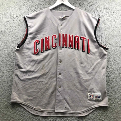 Vintage Majestic Cincinnati Reds Jersey Men's 2X Sleeveless Button Stitched Gray Cover