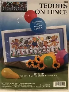 TEDDIES ON FENCE Counted Cross Stitch Kit Design Works - Picture 1 of 3