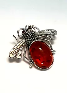 Baltic Amber 925 Sterling silver Bumble Bee brooch with Ruby eyes Made in Poland - Picture 1 of 7