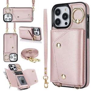 For iPhone 16 15 14 13 12 Pro Max XS XR 8 7 Crossbody Zipper Leather Wallet Case - Picture 1 of 11
