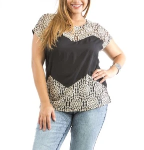Blusa negra de manga corta para mujer - beige con detalles de encaje floral NUEVA 3X - Imagen 1 de 3