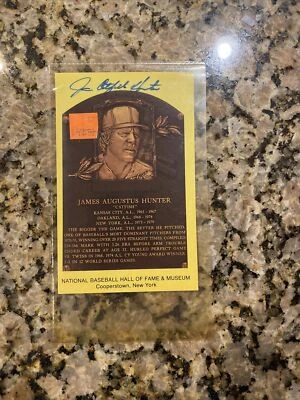 Jim Catfish Hunter Signed Gold HOF Plaque Postcard Yellow Autograph Yankees - Image 1 of 2
