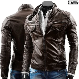 Chaqueta de cuero vintage marrón oscuro de calce ajustado para motociclista motocicleta café racer para hombre - Imagen 1 de 9