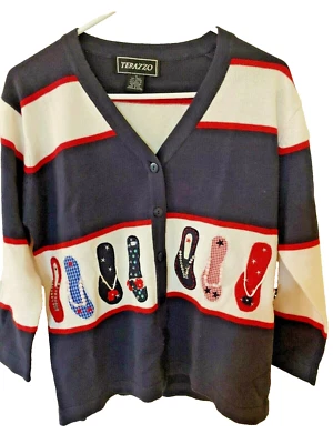 Terazzo Crystal Art Carigan Sweater NEW Size S Summer Flip Flop Sandal Theme-25 - Image 1 of 4