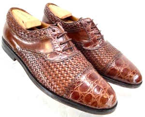 Mezlan Acapulco 03941 Brown Leather Woven Croc Oxford Loafer Shoes Men's 8.5 - Picture 1 of 8