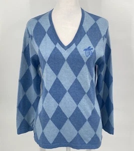 Peter Millar Sweater Womens Large Blue Argyle Silk Cotton Cashmere Blend V-Neck* - Picture 1 of 16