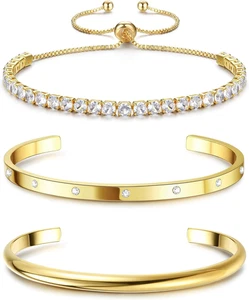 14K Gold Plated Bracelet Set for Women – 3PCS Bangle, Tennis & Chain Stack - Bild 1 von 7