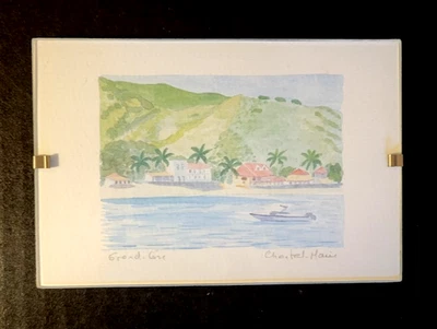 Acuarela Original Pequeña "Grand Cove" Firmada Chantal Marie Enmarcada Palmeras Océano Foto 1 de 4