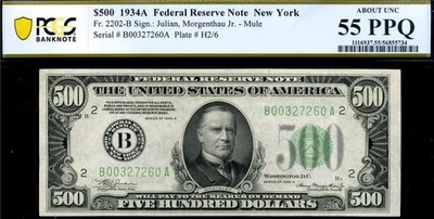 HGR 1934A $500 FRN New York FR.2202-B ((Wanted With PPQ)) PCGS AU-55PPQ - Image 1 of 2