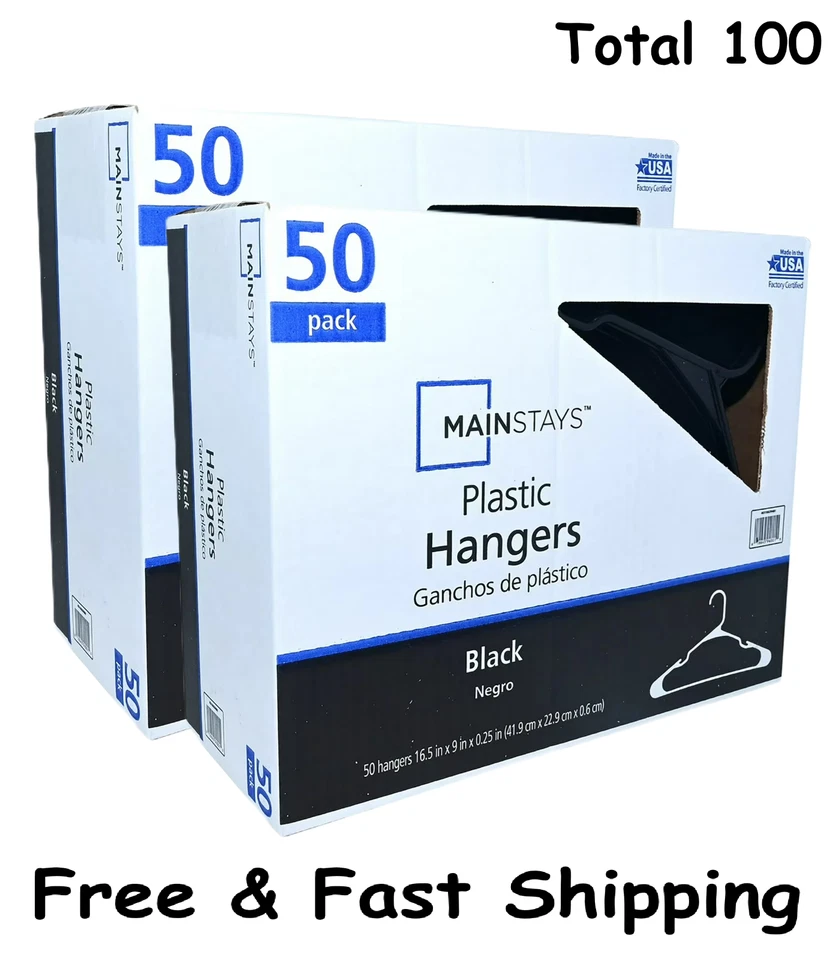 (2Pack) Mainstays Black Plastic Clothes Hangers, 50-Pack, Lightweight & Durable - Image 1 of 1