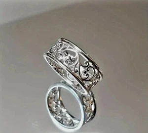 Leaf Boho Scroll Open Work Sterling Silver Full Eternity Stacking Ring Gift Idea - Picture 1 of 5