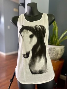 Damen Tanktop weiß - schwarzes Pferd Grafikdruck - 100% Baumwolle - Freizeit Sommer - Bild 1 von 2