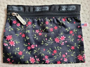 VTG LeSportsac Cosmetic Make Up Bag Pouch Black Pink Floral Zipper Travel 8" USA - Picture 1 of 5