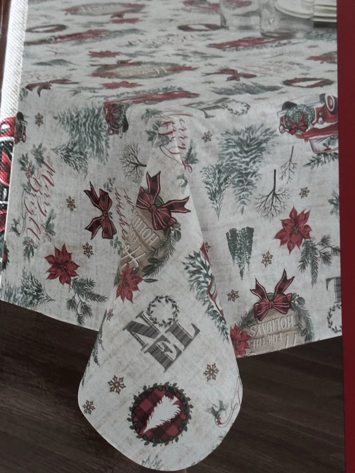 Mantel de Navidad de vinilo Winter Wonderland rojo camión Poinsettia 52x70 Foto 1 de 4