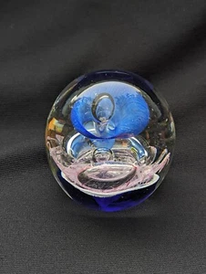 Heavy Beautiful Dynasty Art Glass Paperweight Blue Clear 4” Diameter PW03 - Picture 1 of 6