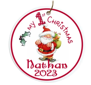 Personalized Baby's First Christmas Ornament 2023 Santa Gifts Ceramic 3" - Picture 1 of 7