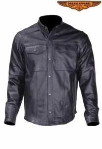Men's Motorcycle Biker Leather Shirt With Snap On Cuffs Nylon Lining Sizes S- 4X - Picture 1 of 8