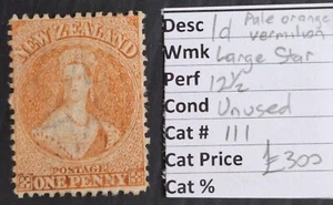 RARE 1866 New Zealand 1d pale orange verm QV Chalon Head stamp MNG Cat £300 - Bild 1 von 3