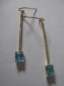 4 ct Emerald Cut Aquamarine Simulated Drop Dangle Earrings Gold Plated CZ stems - Picture 1 of 8