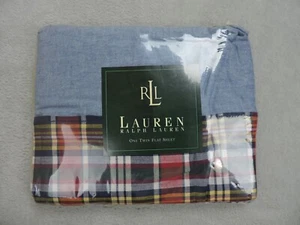 Lauren Ralph Lauren Twin Flat Sheet (1) Kennebunkport Plaid Chambray Blue Cotton - Picture 1 of 4