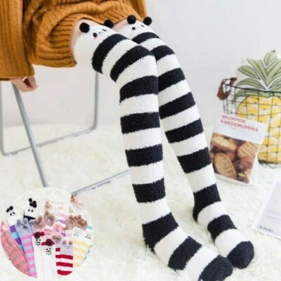 Medias hasta el muslo hasta la rodilla calcetines largos tejidos suaves transpirables mujeres dibujos animados Foto 1 de 4