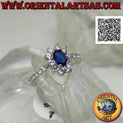 Anello in Argento 925‰ fiore di zirconi bianchi con zaffiro di sintesi ovale inc - Immagine 1 di 4