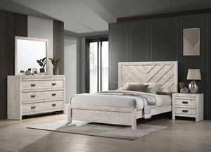 Rustic Gray Beige Queen Size 5pc Panel Bed Set Wooden Bedroom Furniture - Picture 1 of 13