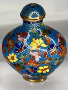 Asian Enameled Cloisonné Floral Brass Snuff Bottle- Blue - Picture 1 of 6
