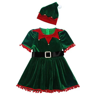 Kids Girls Christmas Elf Costume Santa Claus Suit Little Helper Cosplay Outfits - Image 1 of 3