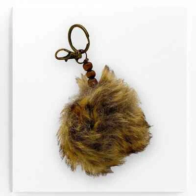Handmade Faux Fur Pompom Keychain Bag Charm Brown Wood Gold Poof Boho Classic - Image 1 of 4