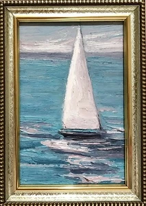 Sailboat Original Art Mini Boat Oil Painting Ocean Coast Seascape Sail Impasto - Picture 1 of 12