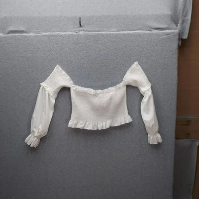 Boohoo White Off-Shoulder Smocked Crop Top With Ruffle Details Long Bishop Sleev - Image 1 of 2