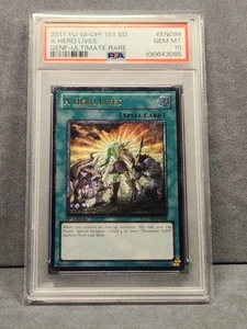 PSA 10 2011 YUGIOH GENF-EN098 A HERO LIVES 1ST EDITION ULTIMATE RARE GEM MINT - Picture 1 of 24