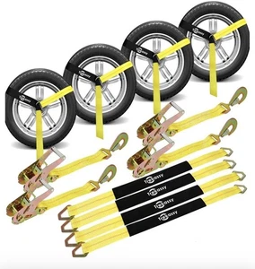 Trekassy Car Tie Down Wheel Straps 4 Pack Ratchet 36in Axle 3333lbs SWL 10000lb - Picture 1 of 14