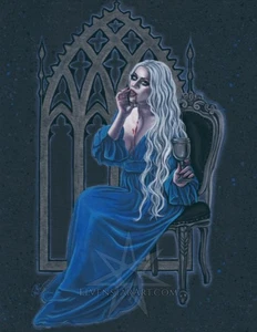 Gothic Kunstdruck Halloween Vampir Frau blau schwarz Bogen Fenster Goth Horror dunkel - Bild 1 von 1