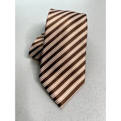 Sean John Brown and White Striped Pattern Designer 100% Silk Tie - Изображение 1 из 4