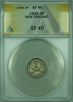 Moneda de plata de 3 peniques 1935 3P Nueva Zelanda ANACS EF 40 KM#1 Foto 1 de 2